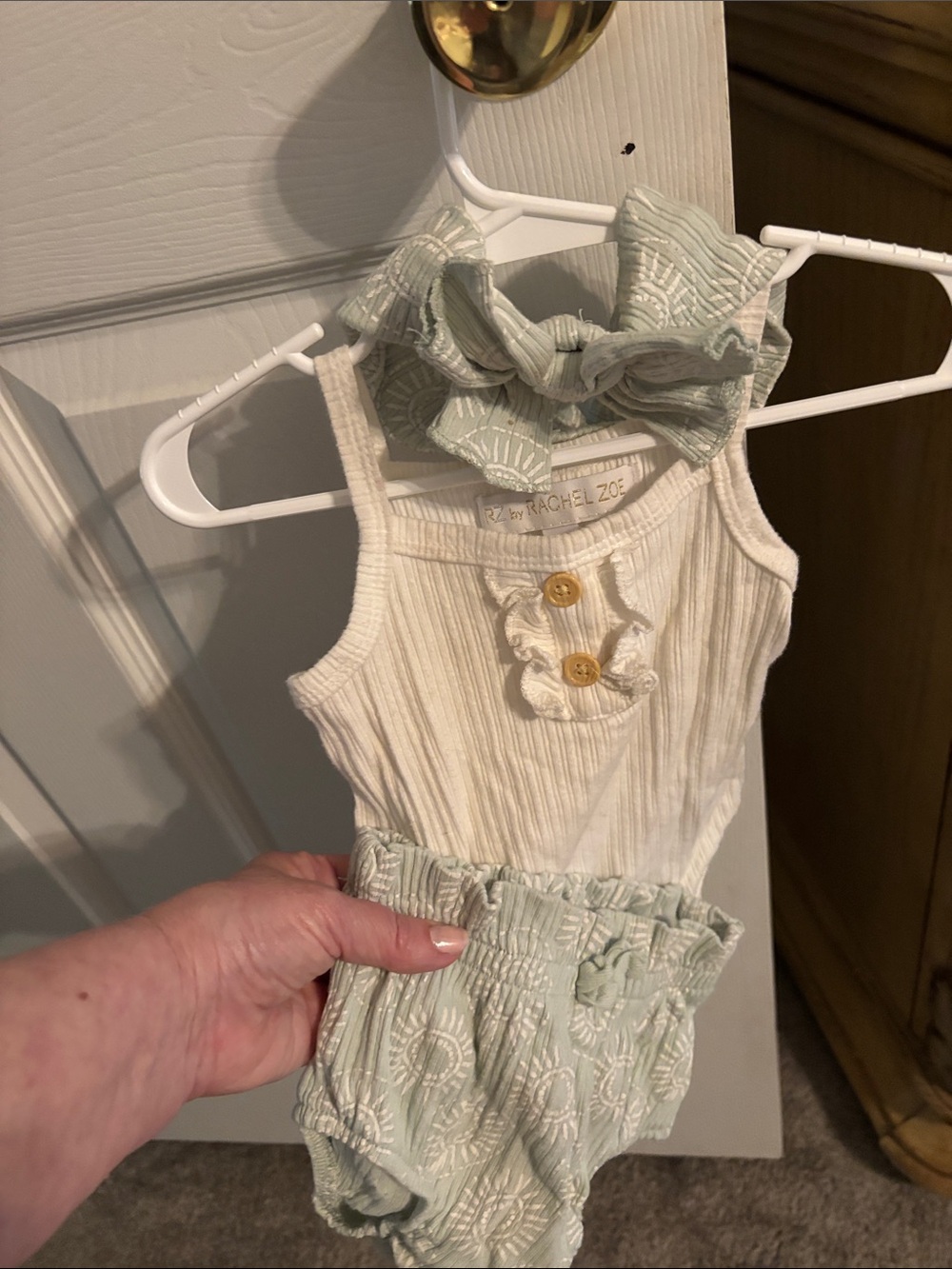 Rachel Zoe Cream Ribbed Tank with Sage Patterned Bloomers and Bow